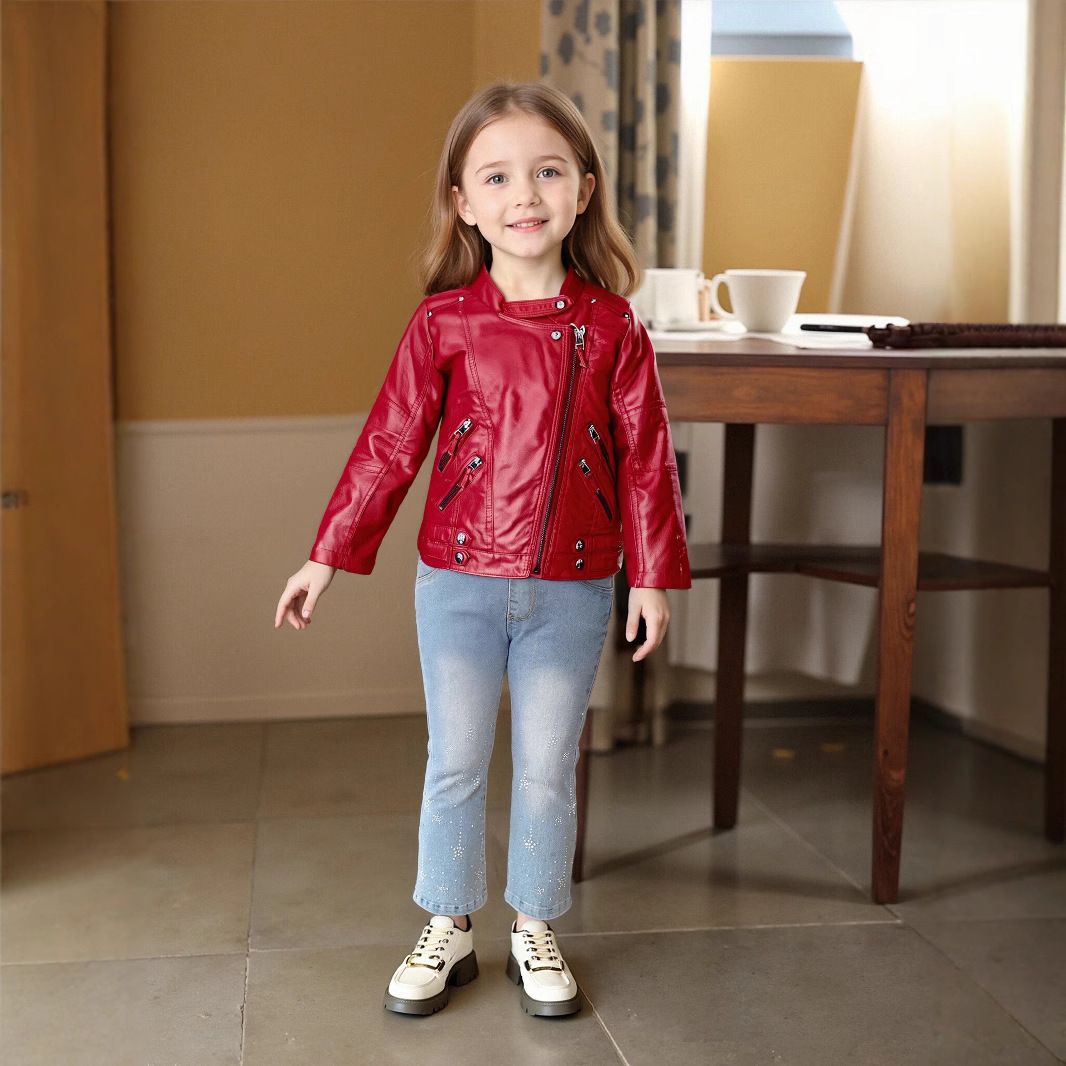 Streetwear Brand Red Logo - Jaket Kulit PU Anak Perempuan Usia