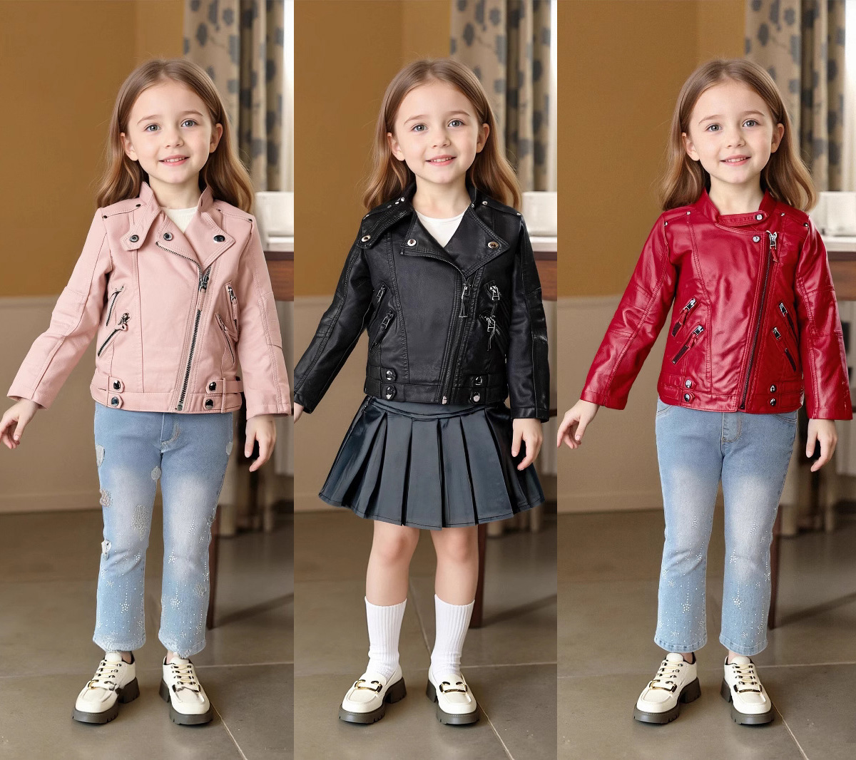 Jaket Kulit PU Anak Perempuan  - Streetwear Brand Red Logo ulasan dan harga