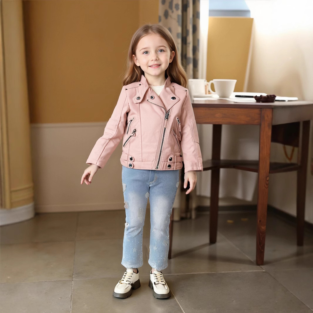 Jaket Kulit PU Anak Perempuan  - Streetwear Brand Red Logo ulasan dan harga