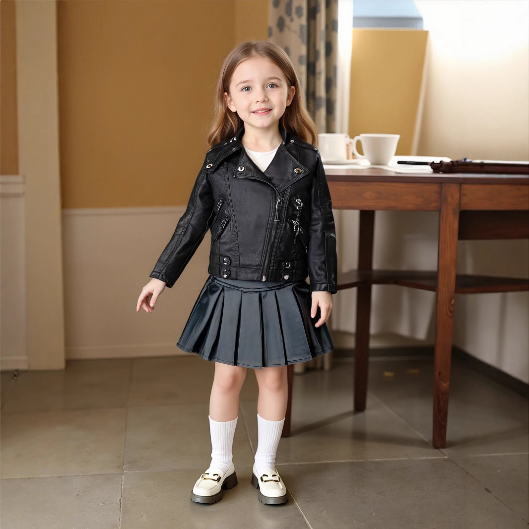 Jaket Kulit PU Anak Perempuan  - Streetwear Brand Red Logo ulasan dan harga